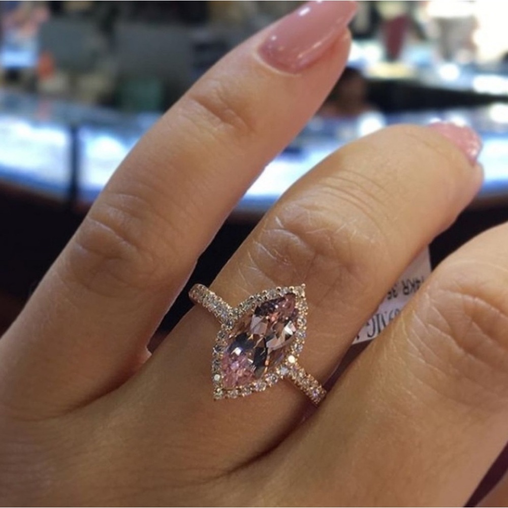 Pink Marquise-Cut Halo Ring with Pavé Band